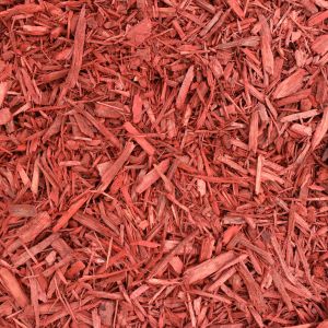 Red shredded mulch showing consistent particle size and uniform surface coverage.