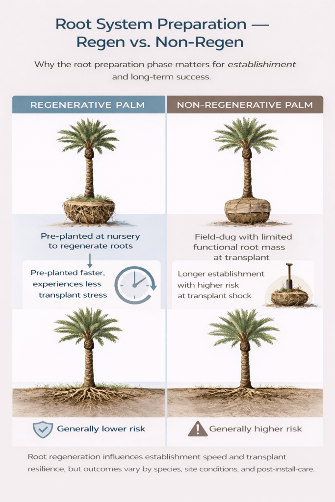 Comparison of regenerative vs non-regenerative palm root preparation showing equal-height palms before and after transplant, with differences in root mass, establishment speed, and transplant risk