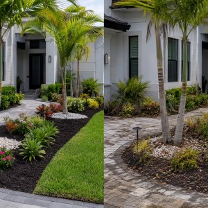 AI Landscape Reality Check rendering comparison showing idealized installation versus real-world Florida landscape conditions over time