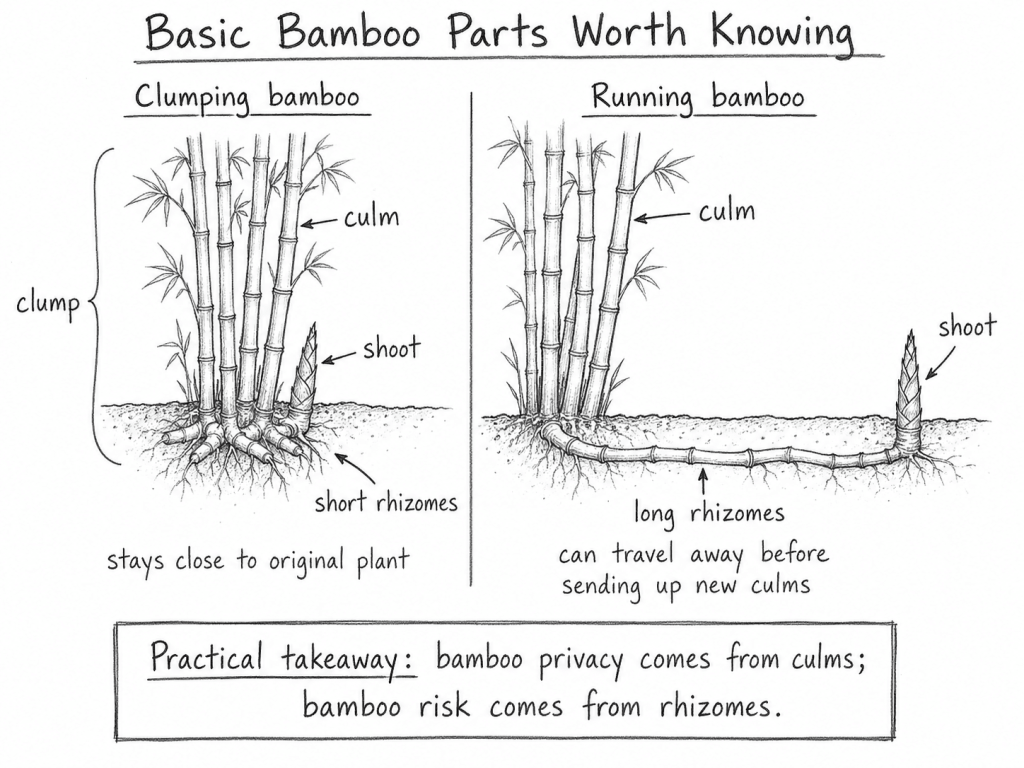 Bamboo in Florida sketch showing clumping versus running bamboo, with labeled culms, shoots, rhizomes, and the difference between short and long rhizome growth.