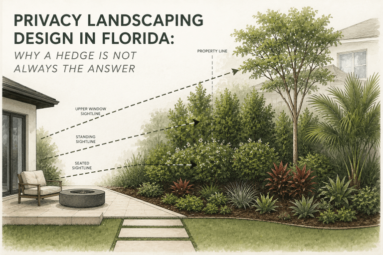 Florida privacy landscape design showing layered planting interrupting seated, standing, and upper window sightlines near a patio.