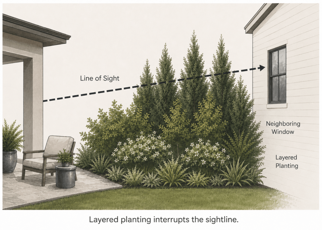Layered planting interrupts a sightline between a patio and neighboring window in a Florida privacy planting strategy.