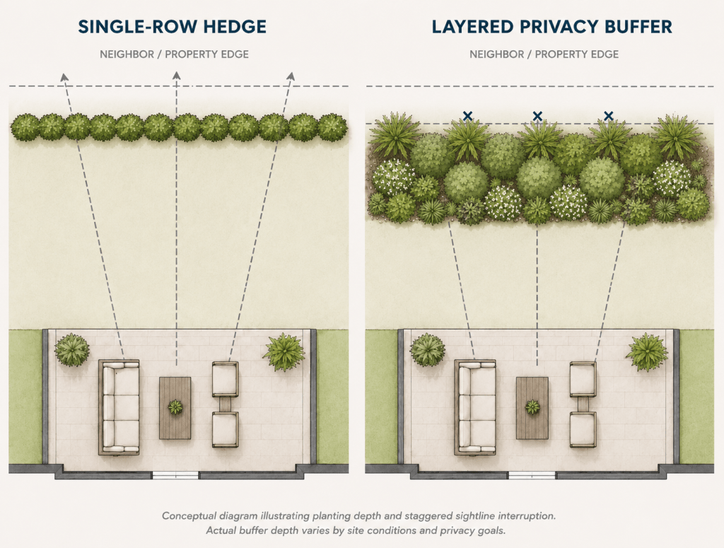 Plan-view diagram comparing a single-row hedge with a layered privacy buffer in a Florida privacy planting strategy.