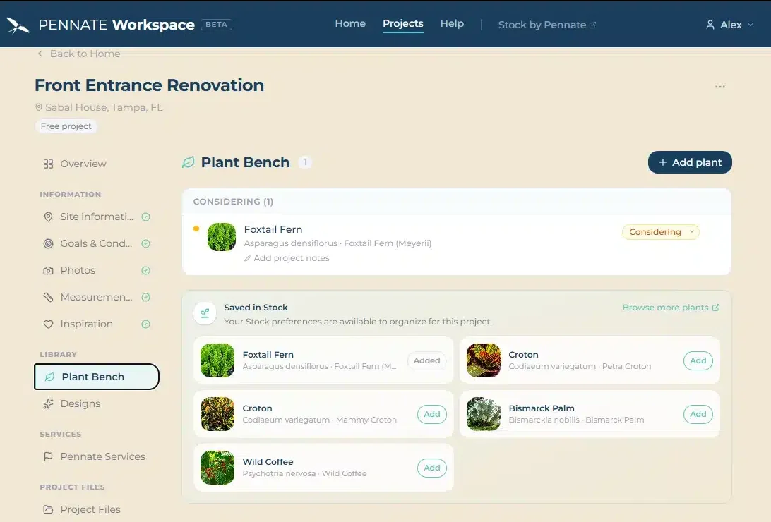 Pennate Workspace Plant preferences from Stock organized in a Pennate Workspace project